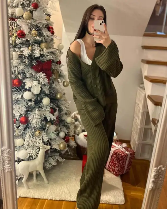 Casual Women's Solid Color Long Sleeve Button Cardigan Sweater Pants Set Green - Shop at LoveMi