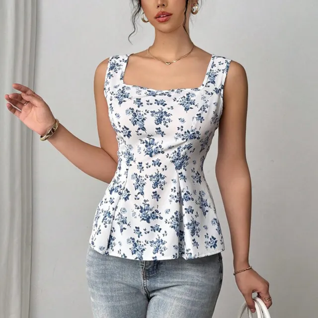 Vacation Style Floral Small Vest Sling Top Drawstring Floral - Shop at LoveMi