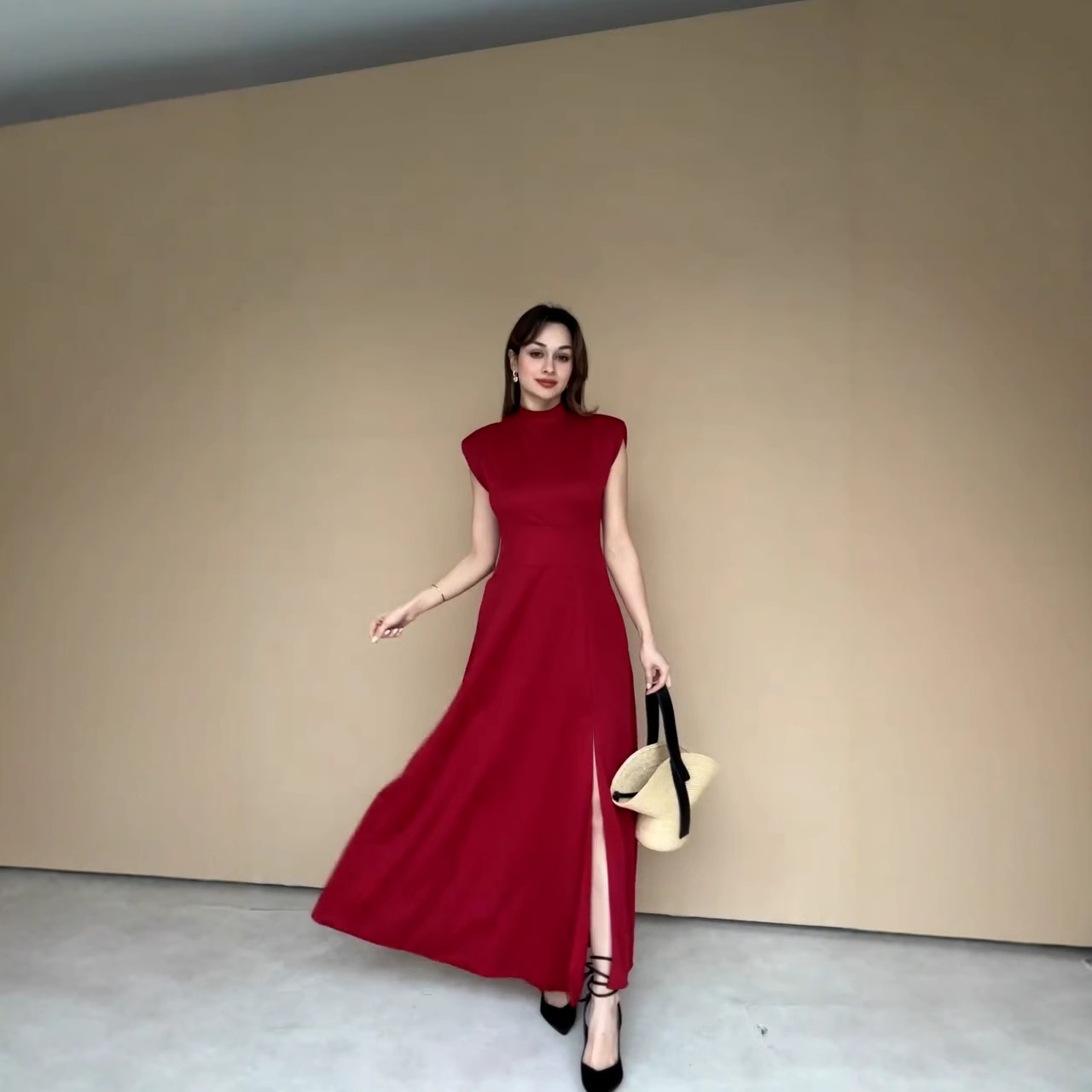 European And American Solid Color High end Sense Evening Dress Red - Shop at LoveMi