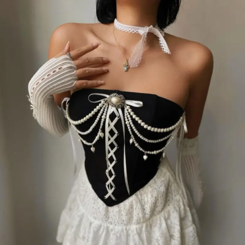 Vintage Velvet Stitching Pearl Chain Off-shoulder Tube Top Fishbone