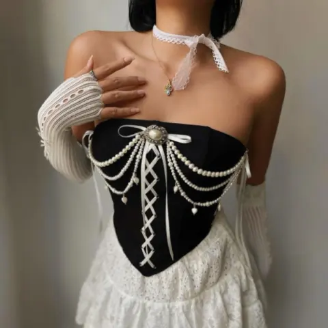 Vintage Velvet Stitching Pearl Chain Off-shoulder Tube Top Fishbone
