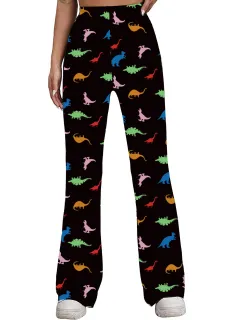 Long Bell-bottom Pants Dinosaur Printed High Waist High Elastic Trousers For Women - Black - View 1