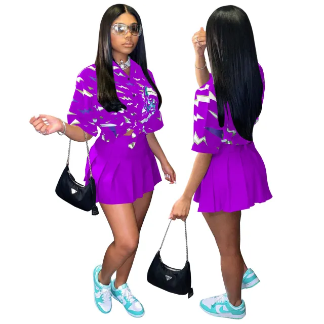 Printed Skull Head Loose Button Shirt Pleated Skirt Purple - Shop at LoveMi