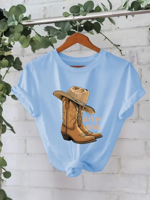 Cotton T shirt Female Martin Boots Hat Printing Blue - Shop at LoveMi