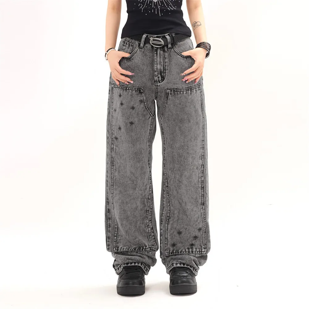 Heavy Industry Washed And Worn Denim Cargo Pants Retro Loose Wide Leg Straight Mop Trousers