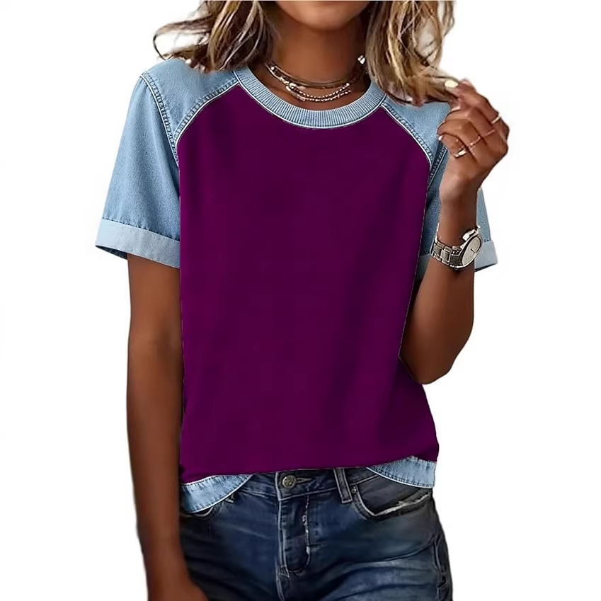 Denim Patchwork Crew Neck Short-sleeve Loose Casual Everyday Versatile