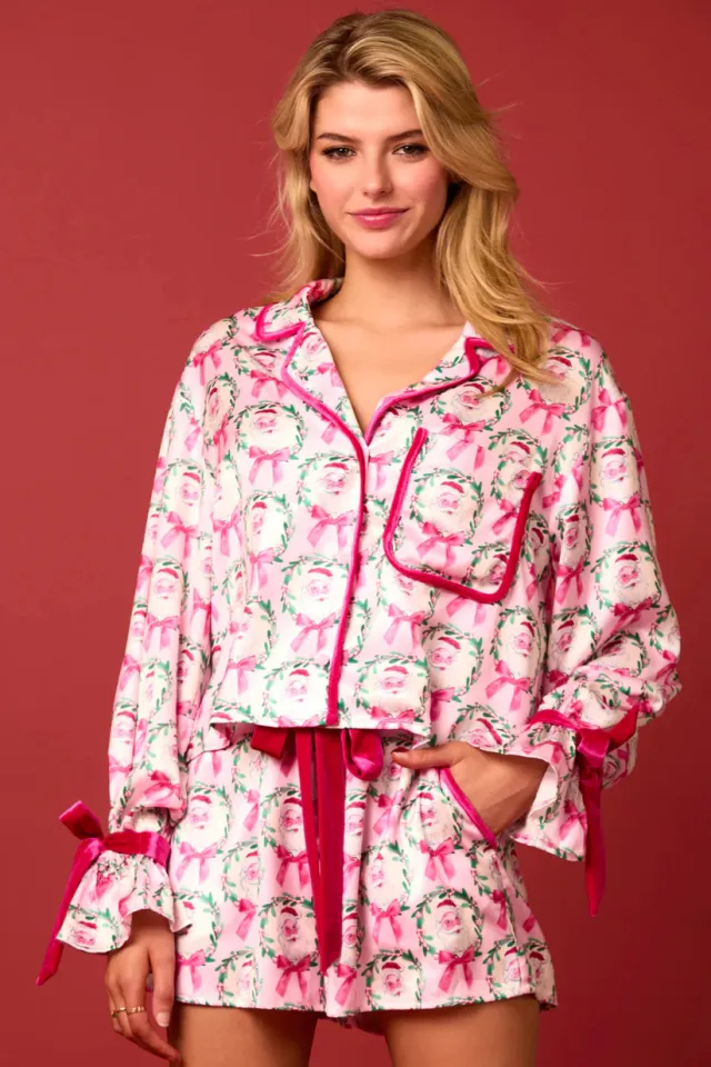 Women's Christmas Pajama Set Santa Tree Print Lapel Neck Button up Long Sleeve Tops Shorts Loungewear Outfit Rose - Shop at LoveMi