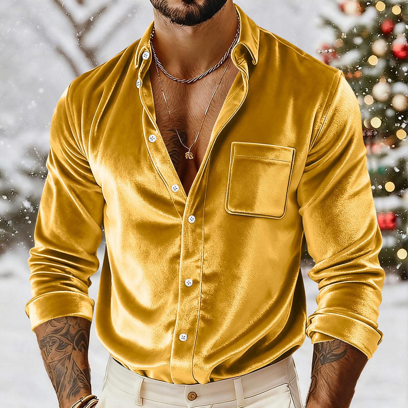 Mens Gold Velvet Button-Up Shirt