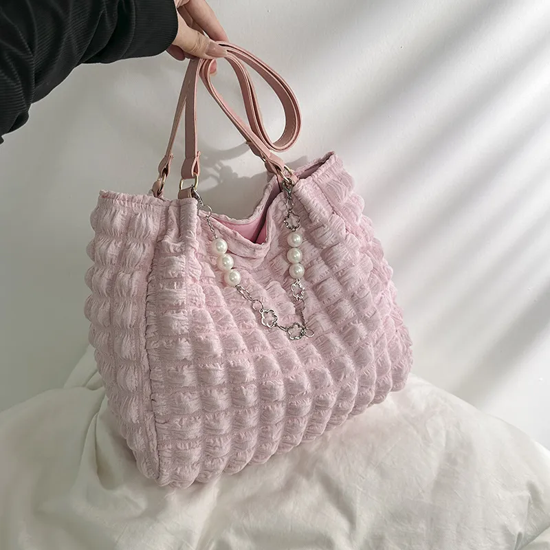 Portable Pleated Girl Heart Shoulder Tote Bag - Pink