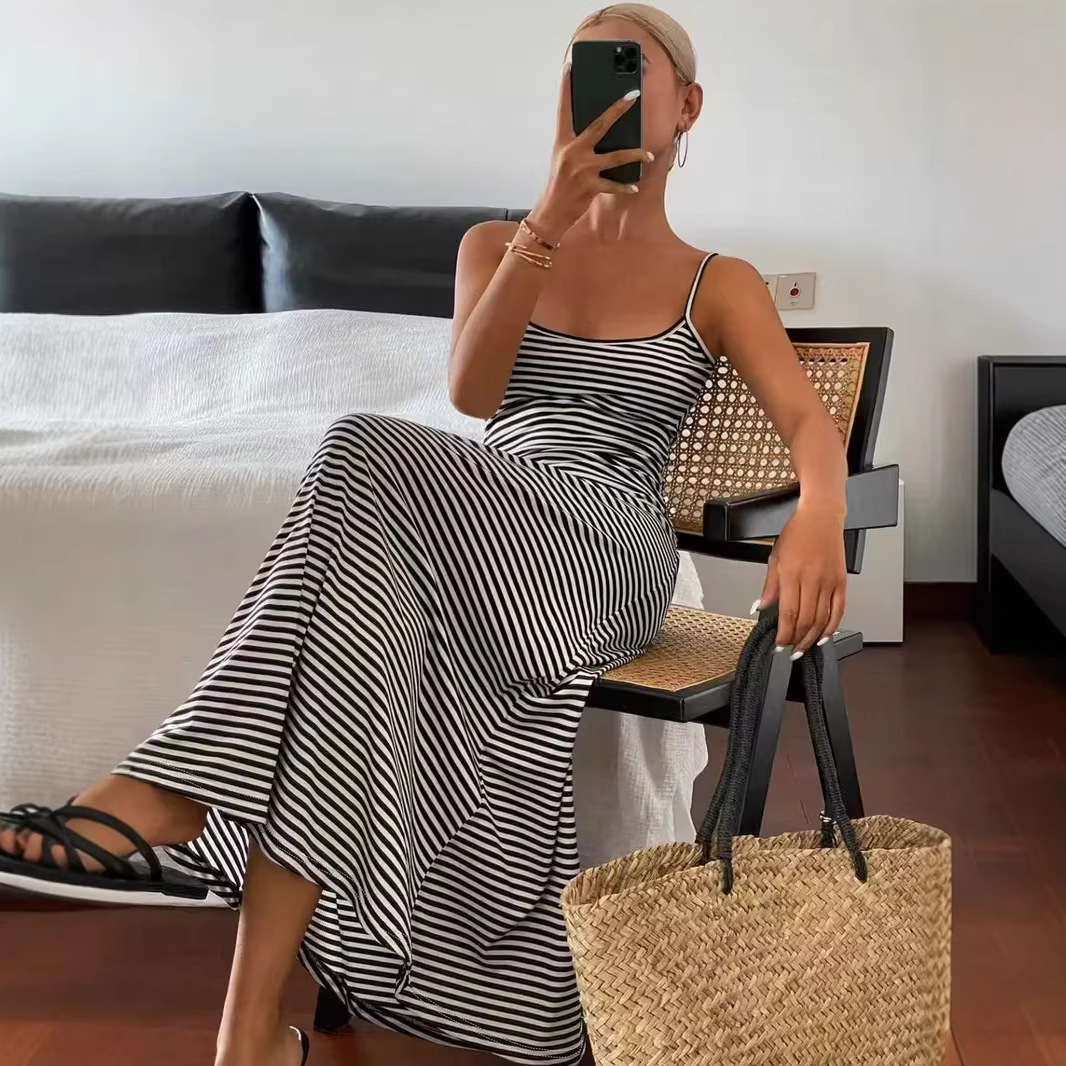 Fashionable Short-Sleeve Tank Top Backless Striped Slip Dress