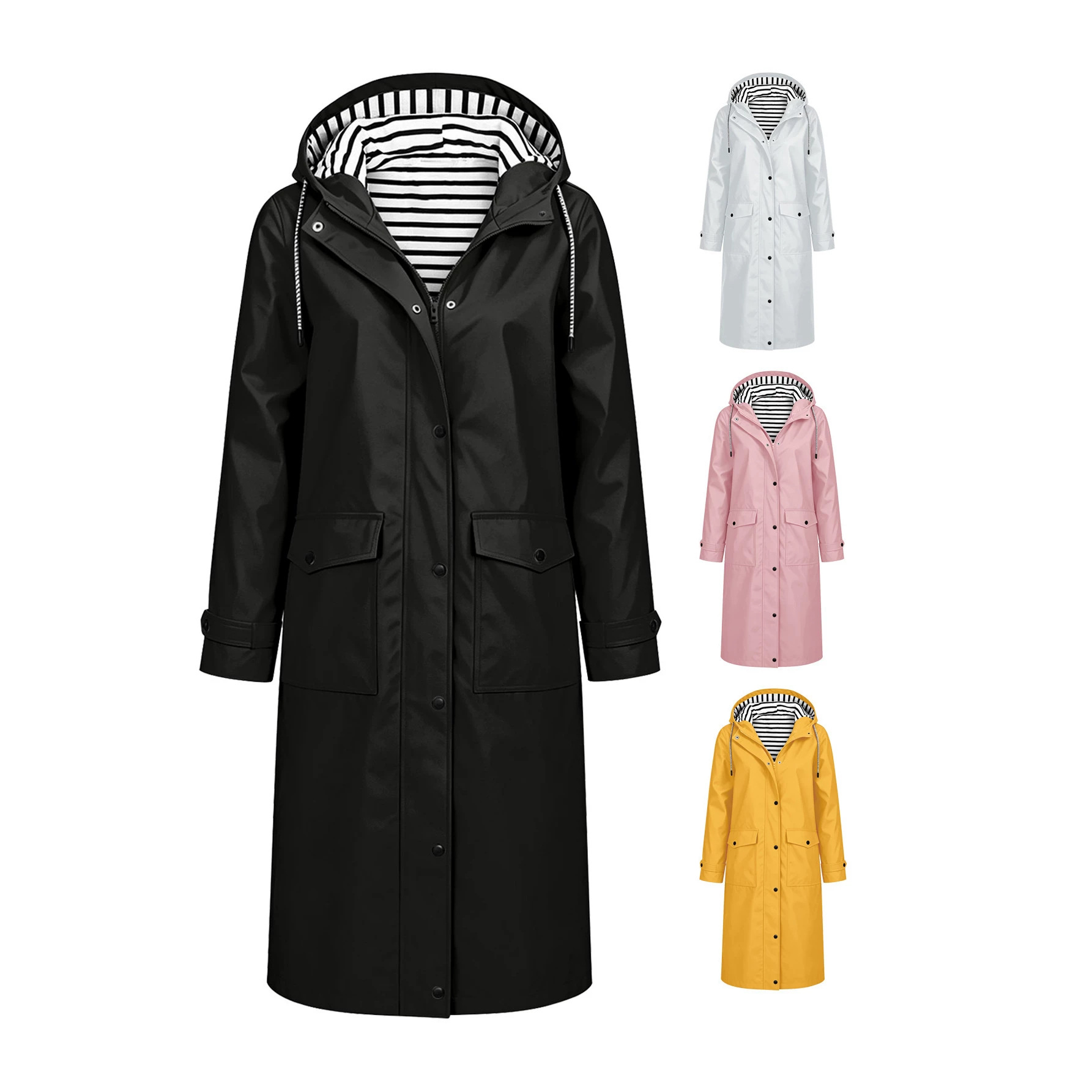 Long Hooded Windbreaker With Drawstring