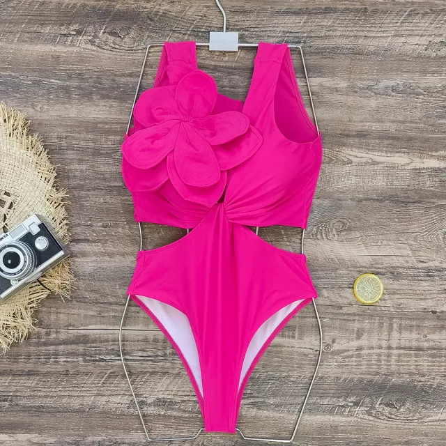 Solid Color One piece Swimsuit Heavy Industry Line Pressing Flower Sleeveless High Waist Swimsuit Rose - Shop at LoveMi