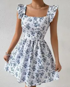 Leopard Print Tie-back Backless Ruffle Hem Dress - Blue - View 1