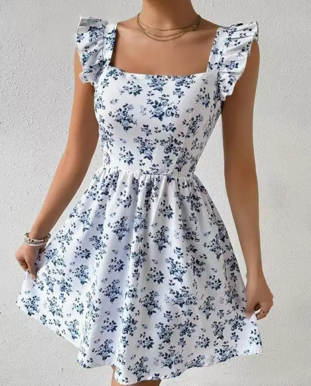 Leopard Print Tie-back Backless Ruffle Hem Dress - Blue