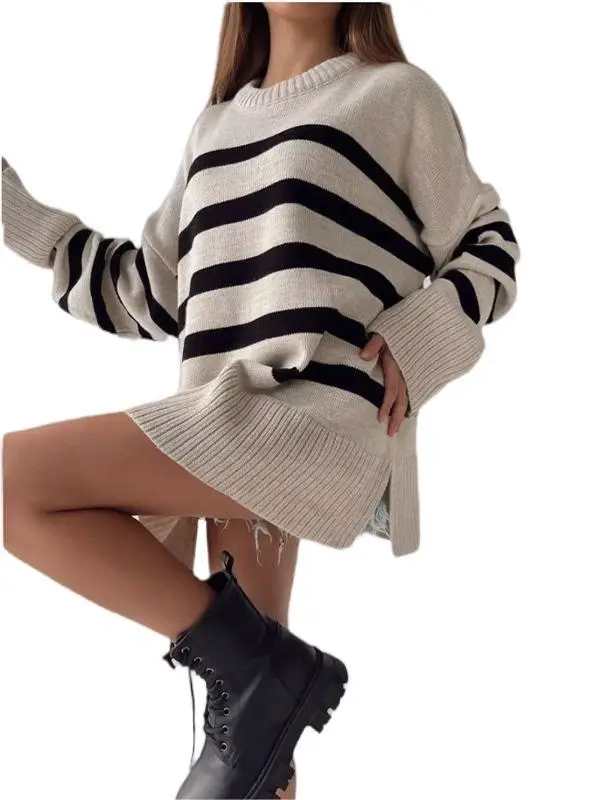 Women's Pullover Loose Round Neck Contrast Color Knitted Striped Sweater Apricot - Shop at LoveMi