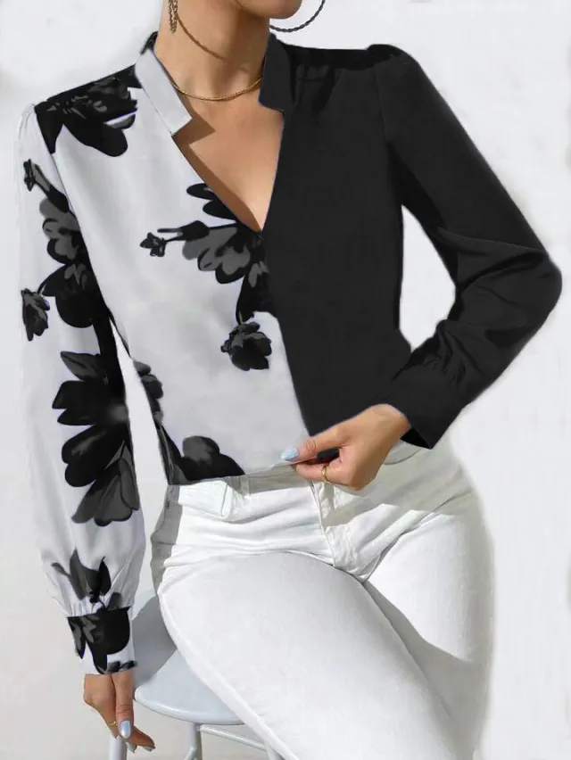 Printed Blouse V neck Long Sleeve Women's Blouse Black - Shop at LoveMi
