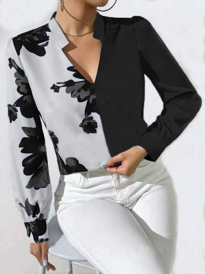 Printed Blouse V-neck Long Sleeve Women's Blouse - Black