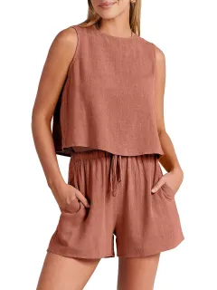 Women's Casual Sleeveless Loose Cotton Linen Shorts Two-piece Suit - Red - View 1