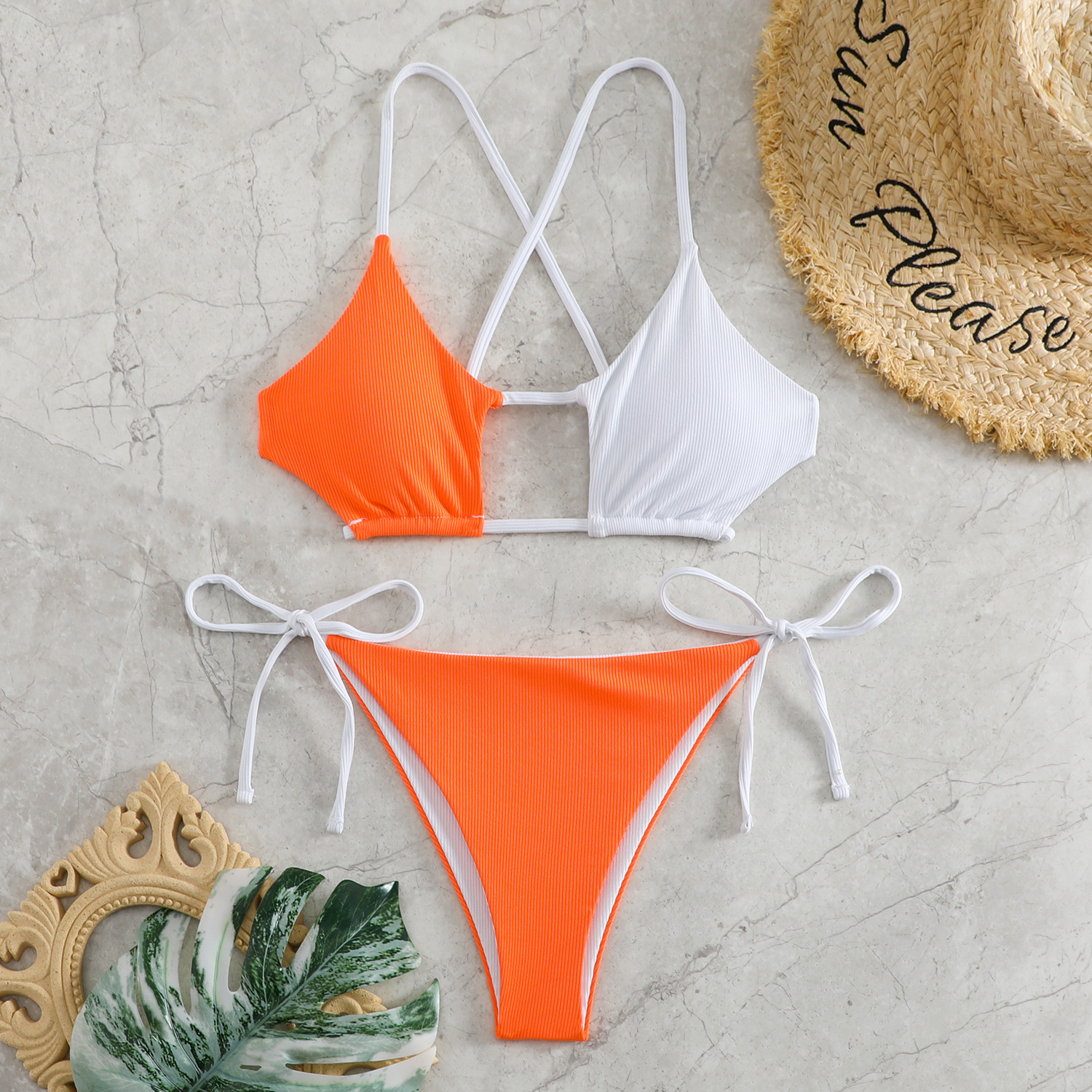 Plain Rib Fabric High Waist Color Swimsuit Orange - Shop at LoveMi