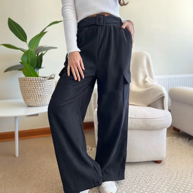 Loose Solid Color Corduroy Wide leg Pants Dark Blue - Shop at LoveMi