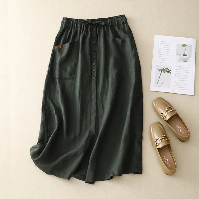 Women's Fashion Slimming Artistic Cotton And Linen Skirt Dark Green - Shop at LoveMi