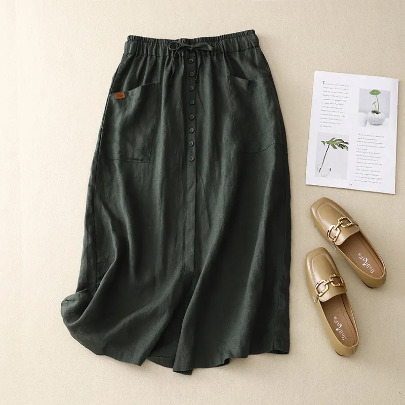 Women's Fashion Slimming Artistic Cotton And Linen Skirt - Dark Green