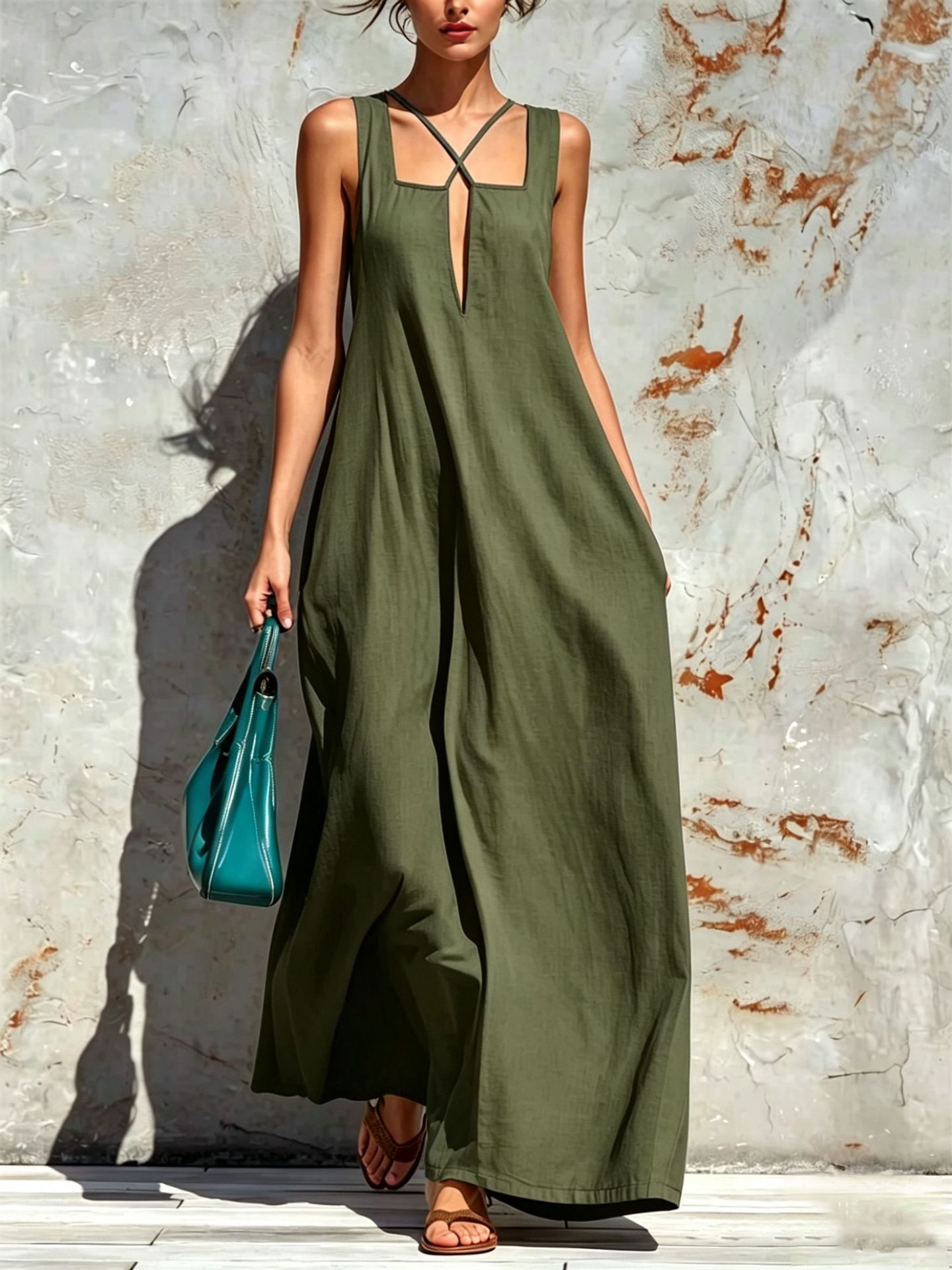 Womens Cotton-linen Loose-fit Casual Dress
