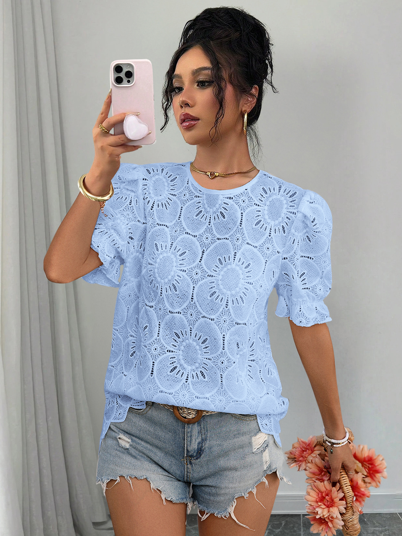 Women's lace puff-sleeve shirt size chart reference – S M L XL XXL