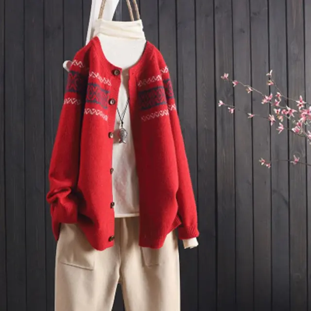 Spring And Autumn Loose Knitted Cardigan Brocade Sweater Red - Shop at LoveMi
