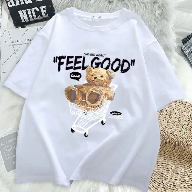 Cartoon Bear Short sleeved T shirt Women's Loose Top White - Shop at LoveMi