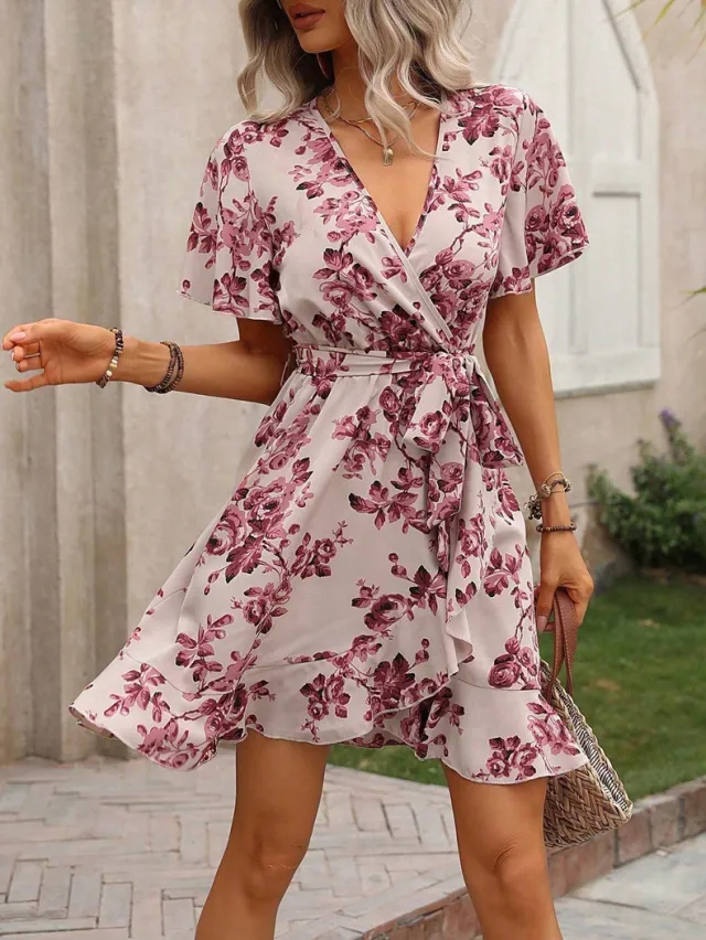 Women's Printed Dress With Spotted Ruffles Wrap around Tie Pink - Shop at LoveMi