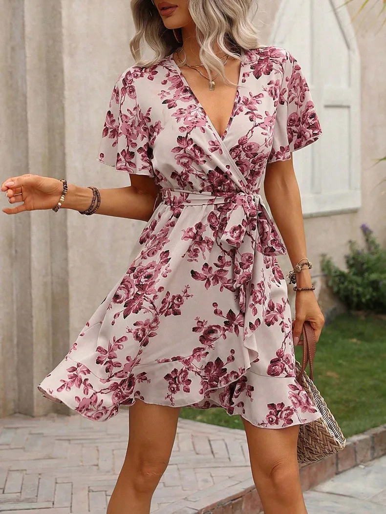 Women's Printed Dress With Spotted Ruffles Wrap-around Tie - Pink