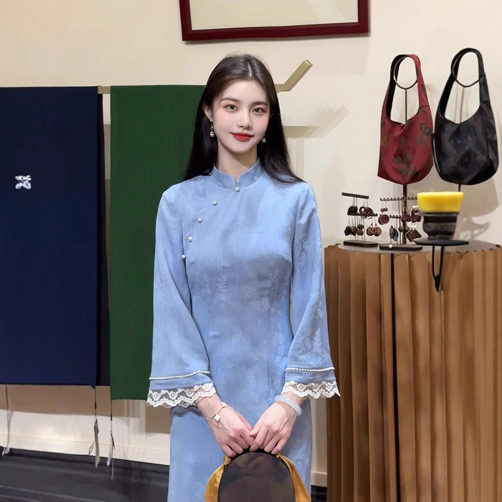 Fake Two-piece Blue Improved Cheongsam For Women Autumn And Winter