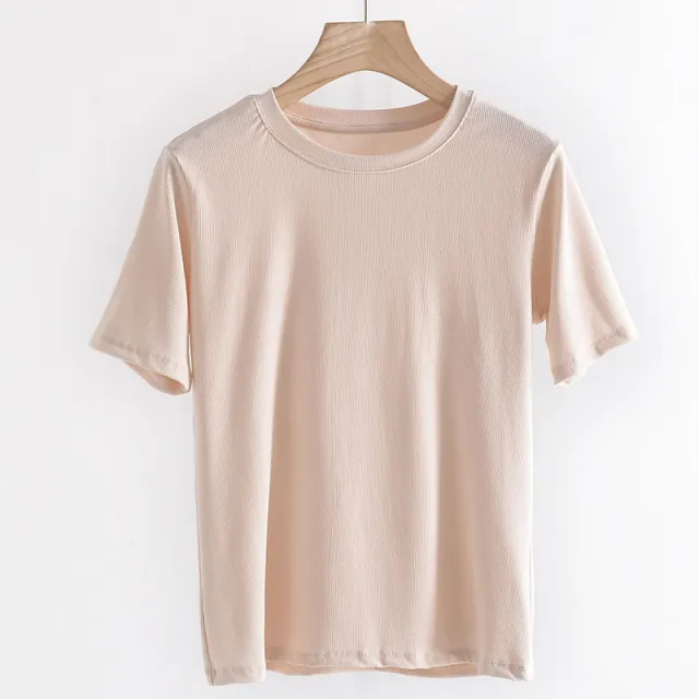 Women's Round Neck Bottoming Shirt Knitted Top T shirt With Short Sleeves Oatmeal Color M - Shop at LoveMi