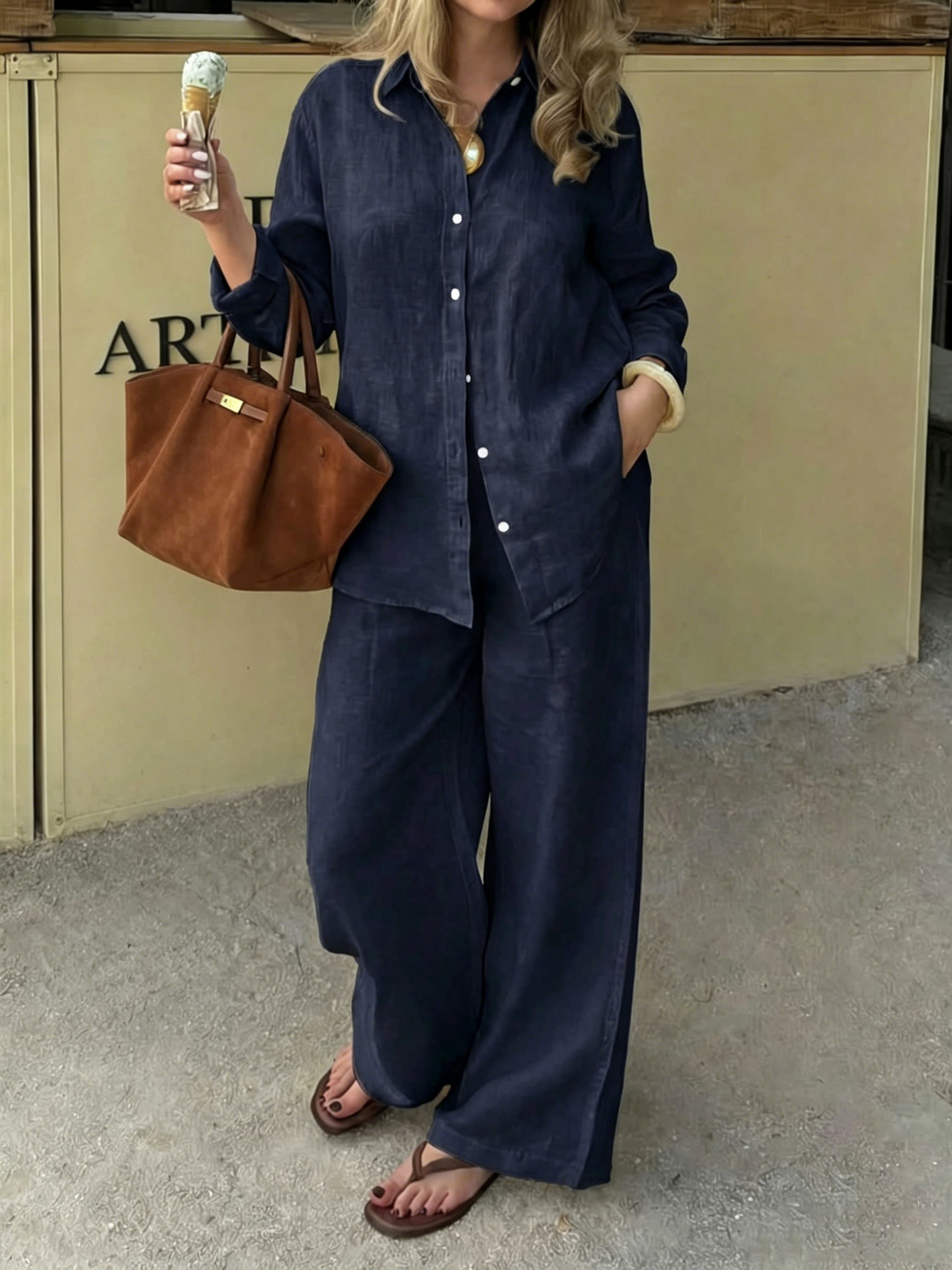 Simple Linen Two-piece Set With A Lapel And Long Sleeves 2