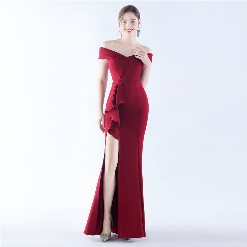 Female Solid Color Satin Off-shoulder Long Evening Dress