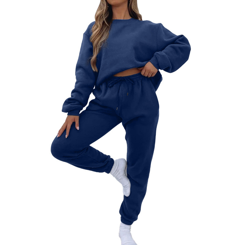 Crew Neck Pullover Sweatshirt Fleece lined Fashion Casual Sweater Sweatpants Two piece Set Navy Blue - Shop at LoveMi