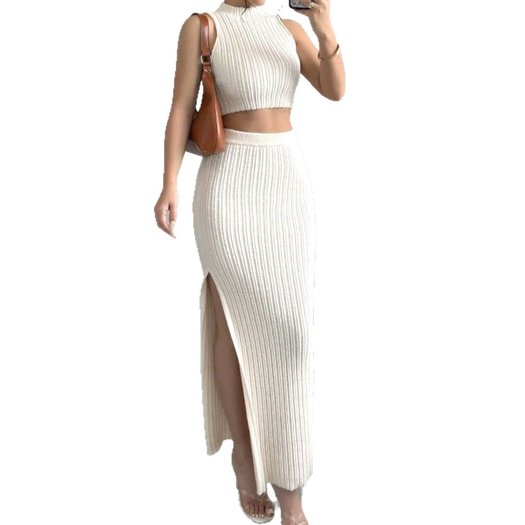 Knitted Sweater Round Neck Vest And Split Skirt Two-piece Set