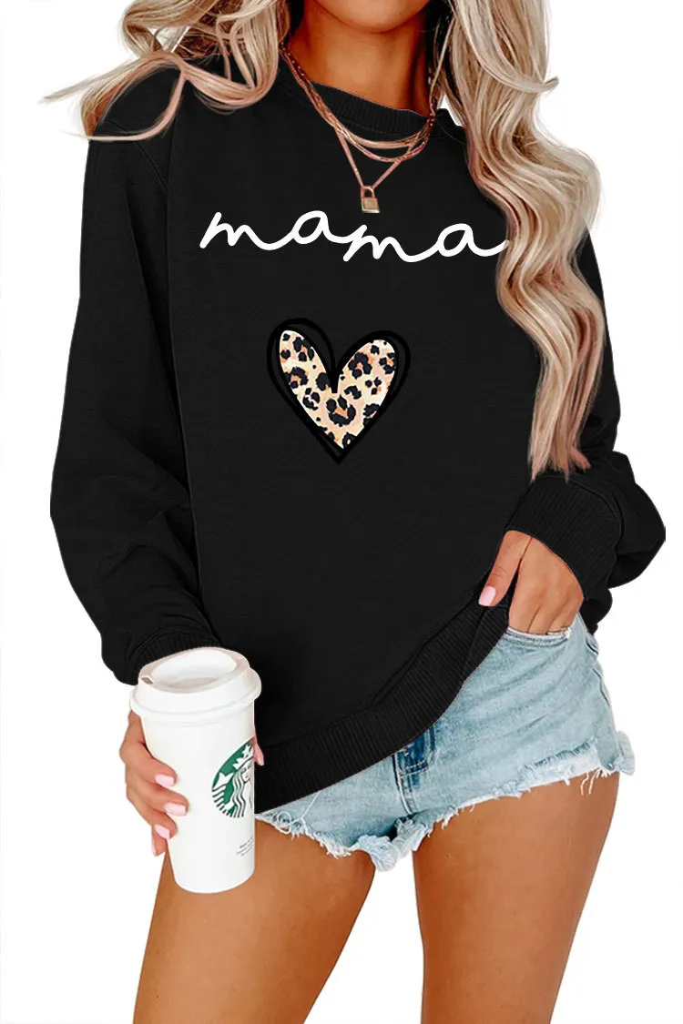 Leopard Print Heart Printing Plus Size Casual Simple Women's Long-sleeved Fleese - Black