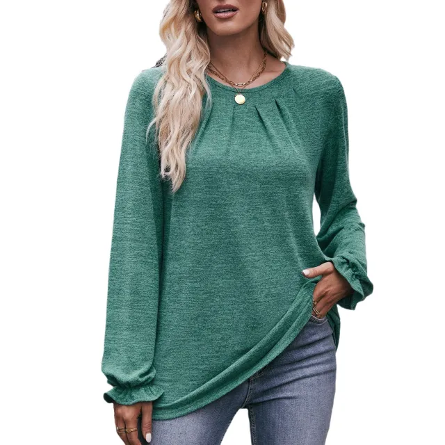 Autumn Women's Casual Round Neck Pleated Brushed T shirt Long Sleeve Top Green - Shop at LoveMi