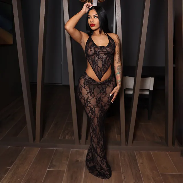 Lace Lace up Wrapped Chest Pleated Skirt Suit Black - Shop at LoveMi