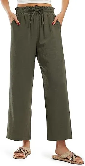 Women's Elastic Waist Pleated High Waist Straight leg Pants Loose Army Green - Shop at LoveMi