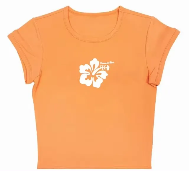 Flower Letter Printed Casual Short Sleeve Orange - Shop at LoveMi