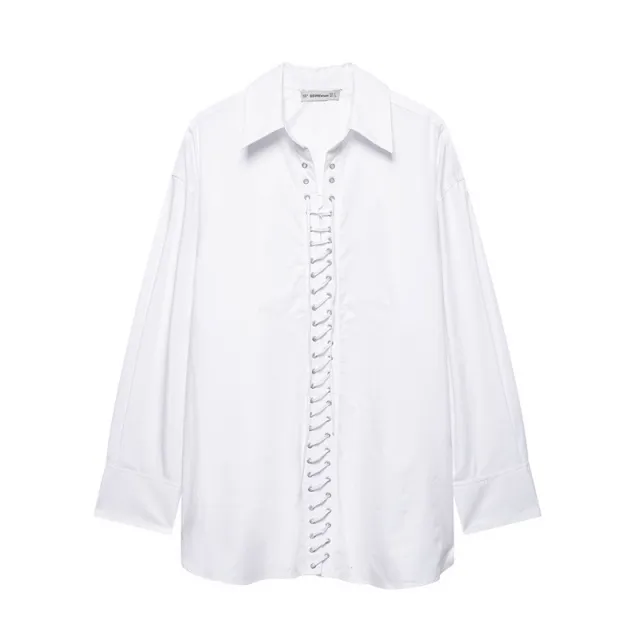 European And American Style Solid Color Loose Casual Front Lace up Shirt Picture Color Xl - Shop at LoveMi