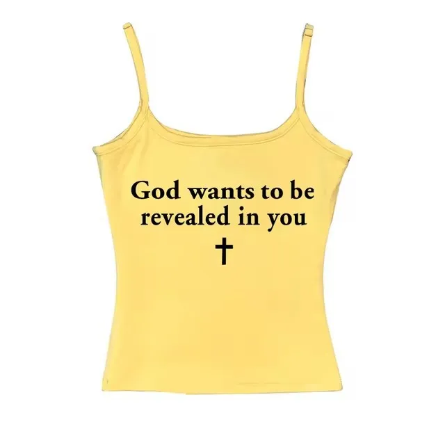 Vintage Cross Letter Printed Camisole Top Yellow - Shop at LoveMi