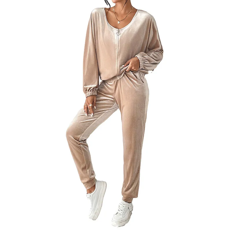 New Solid Color Velvet Casual Fashion Set Female Simple Versatile Home Two-piece Set Female - Khaki