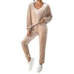 New Solid Color Velvet Casual Fashion Set Female Simple Versatile Home Two-piece Set Female - Khaki - View 1