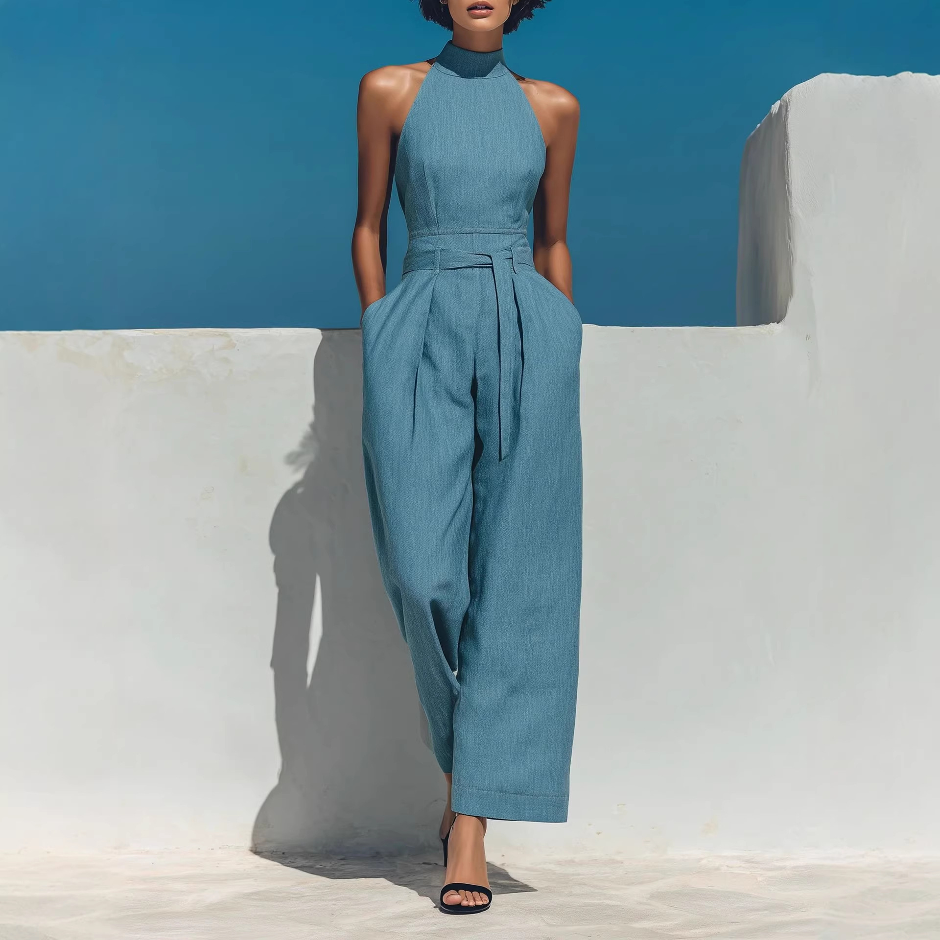 Summer One-shoulder Sleeveless Belted Jumpsuit