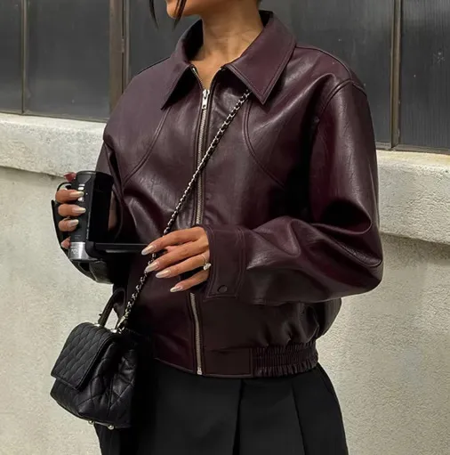 Long Sleeve Zipper Leather Lapel Baggy Coat - Wine Red
