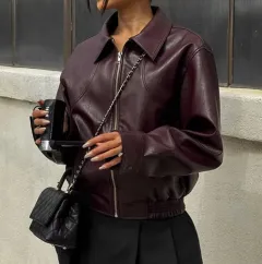 Long Sleeve Zipper Leather Lapel Baggy Coat - Wine Red - View 1